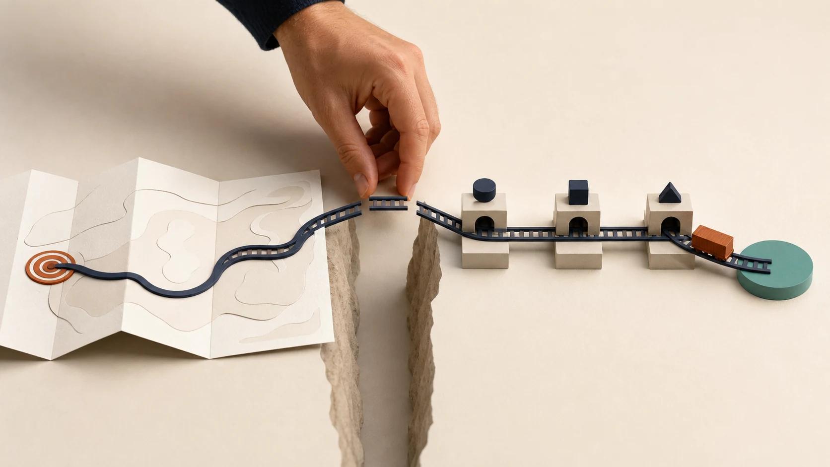 Une route commence sur une carte, franchit un écart grâce à une main, puis conduit une livraison à travers trois étapes jusqu’à son terme.