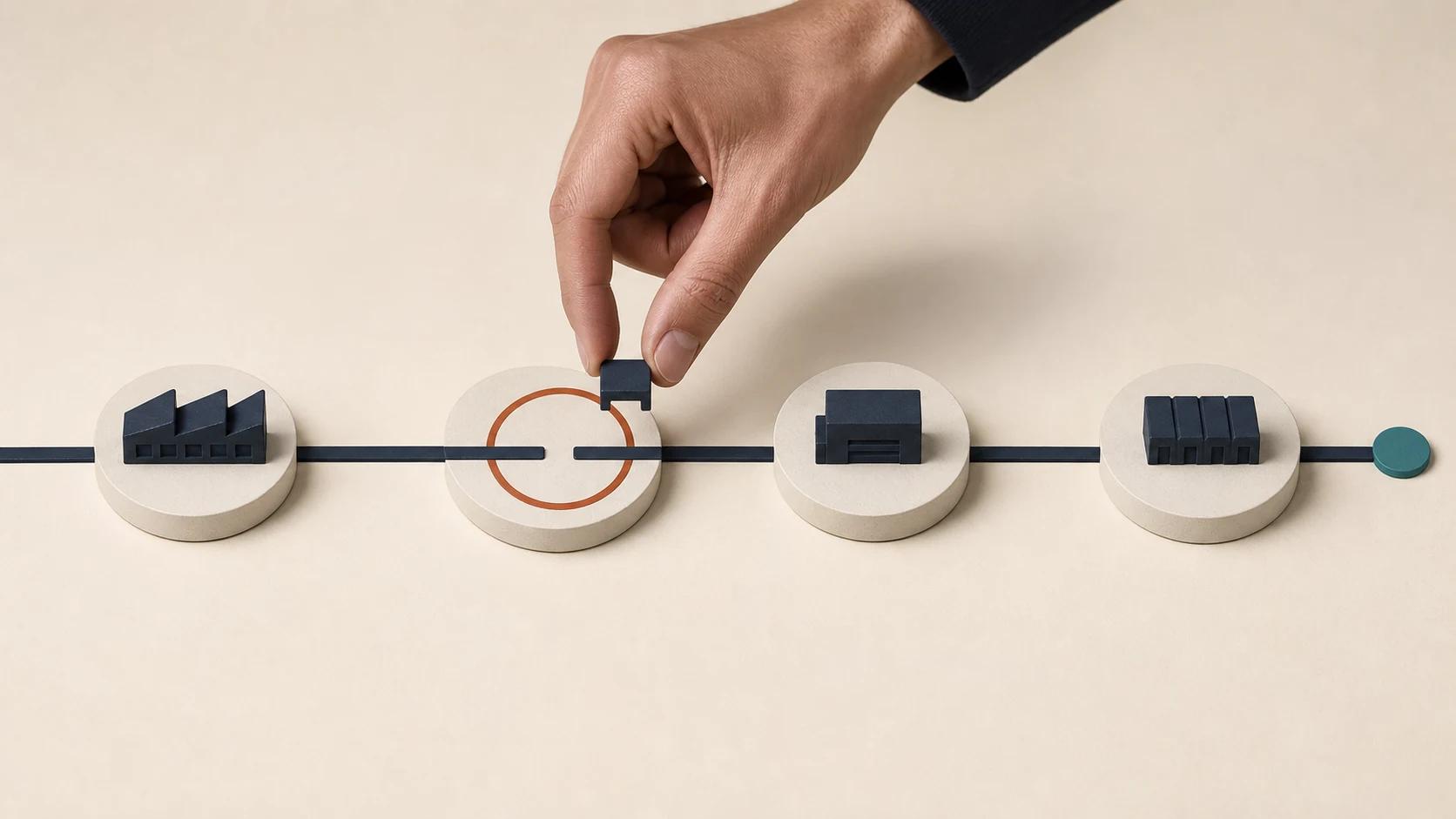 Une main répare l’unique rupture d’une ligne opérationnelle composée de quatre modules, tandis que les autres restent intacts.