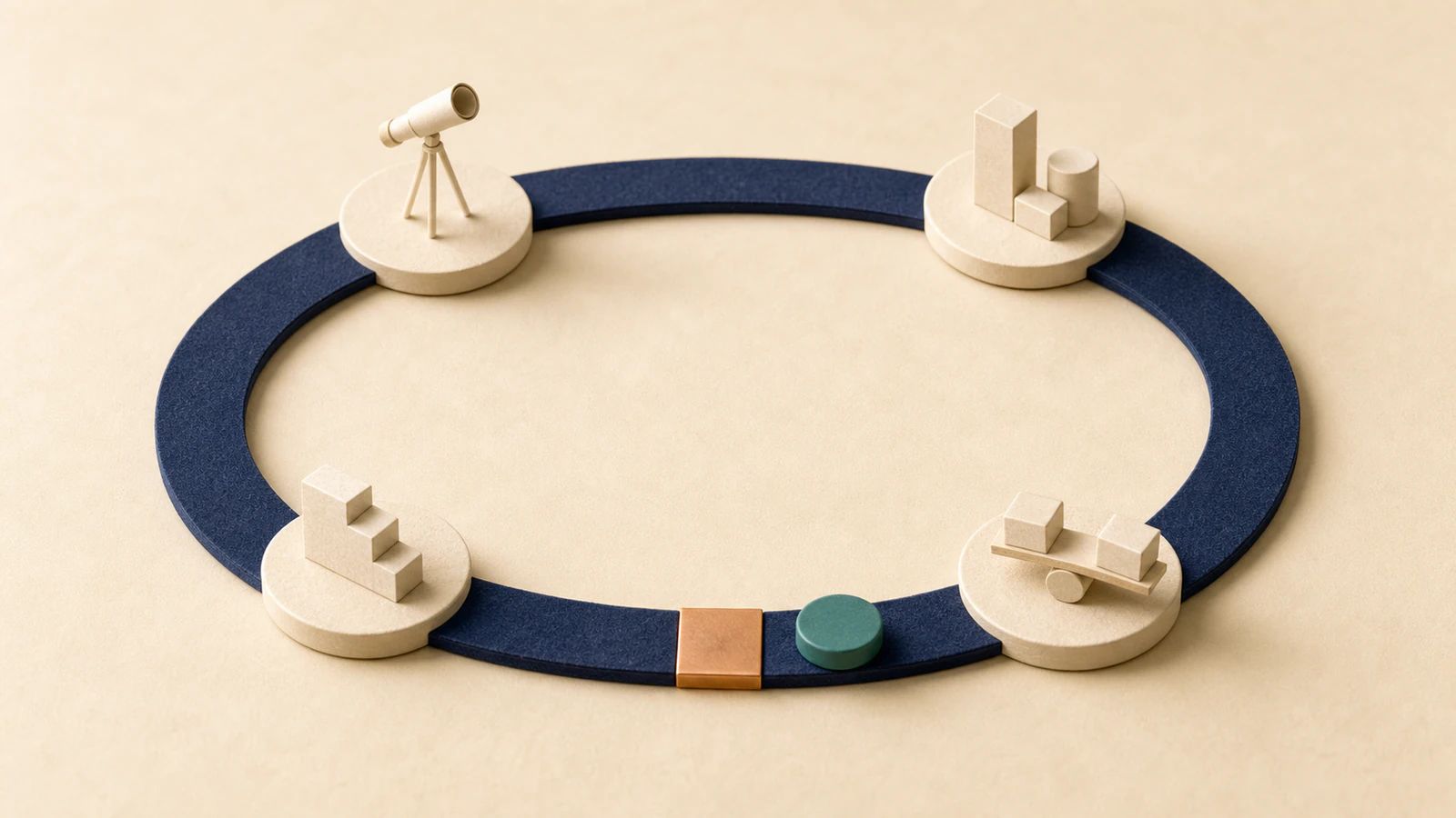 Une piste bleu nuit forme une boucle autour de quatre stations, fermée par un raccord cuivre et parcourue par un palet vert.