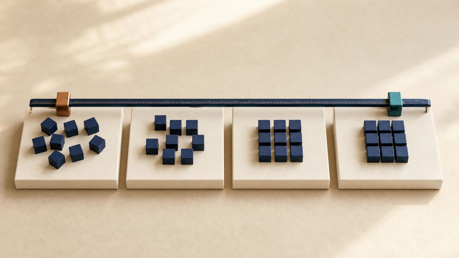 Four trays show the same blocks moving from disorder to alignment beneath a ruler that connects a copper marker to a teal marker.