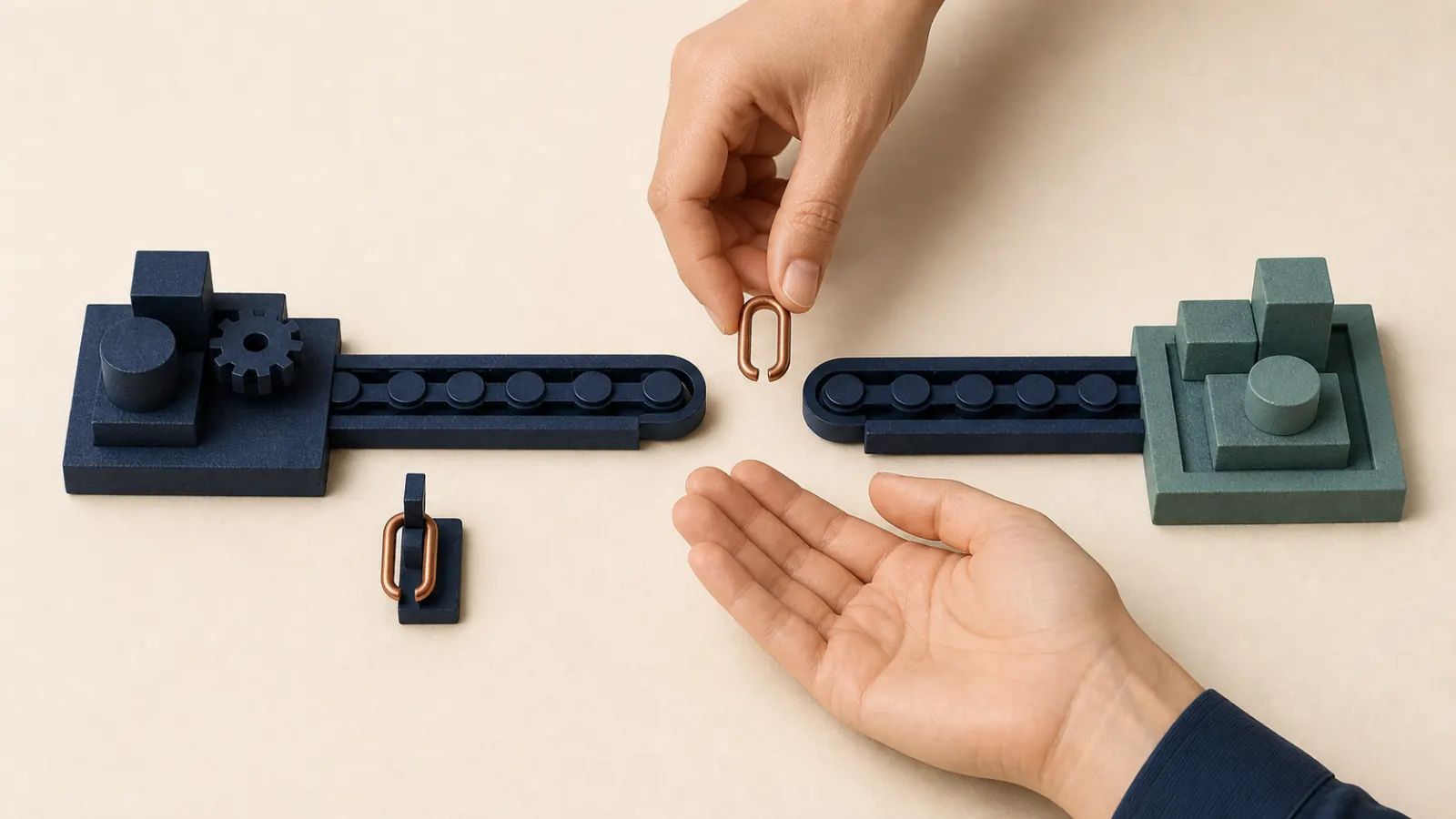 Deux mains se passent une clé de raccord en cuivre au-dessus d’une voie bleu nuit, tandis qu’un double reste visible et prêt à servir.