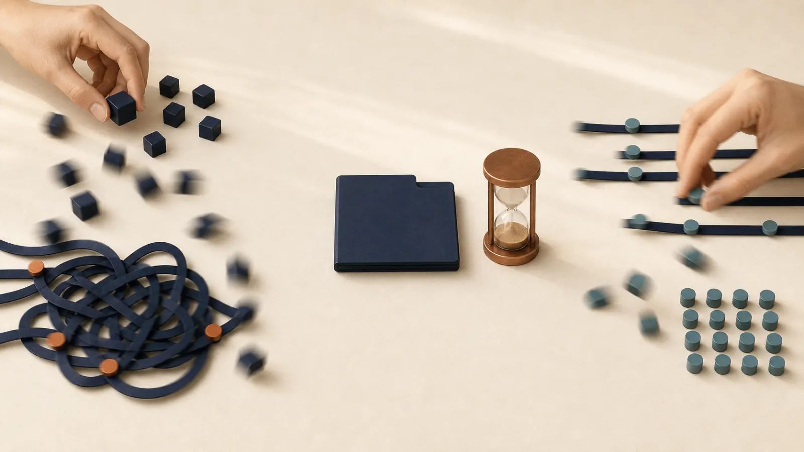 A folder remains still beside an hourglass while hands, tokens and tools move quickly all around it.