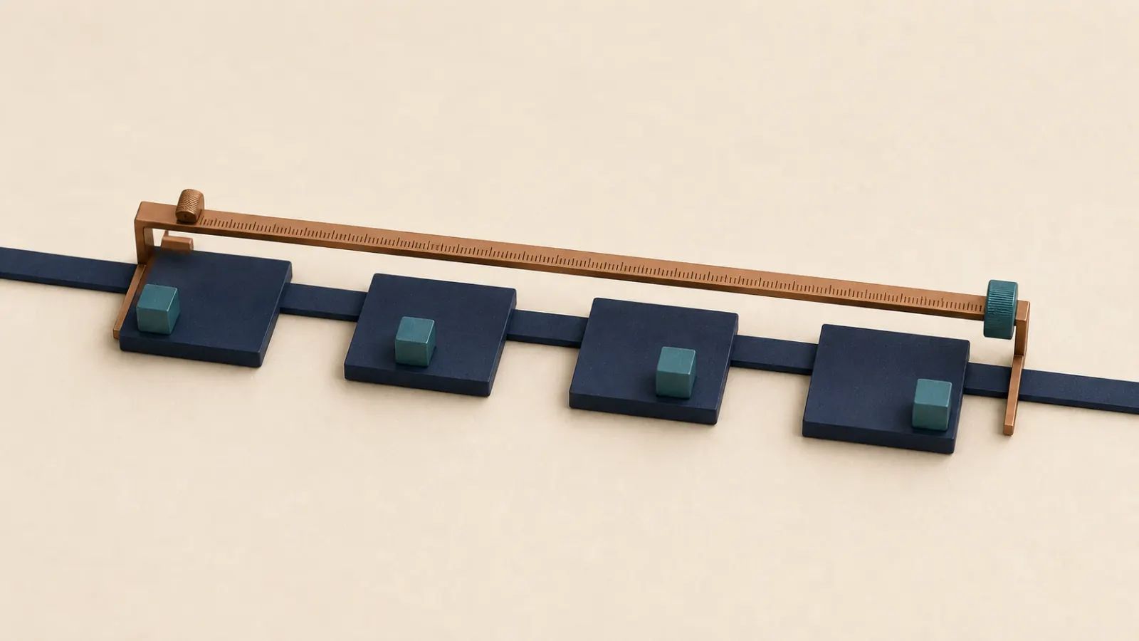 The same copper ruler connects four successive stations where a teal cube moves forward step by step against comparable markers.