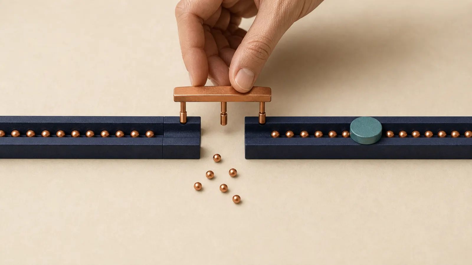Une main pose un raccord en cuivre à trois points entre deux conduits bleu nuit, au-dessus des billes de temps qui s’échappaient par l’ouverture.